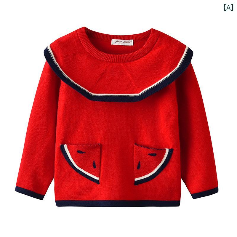 ニット 女の子 ベビー 子供服 春秋 韓国風 韓流 ラビットファー コアスパン クルーネック 長袖 セーター プルオーバー スイカ柄 かわいい おしゃれ 普段使い お出かけ 通園 柔らかい肌触り 快適 トップス レッド ピンク イエロー