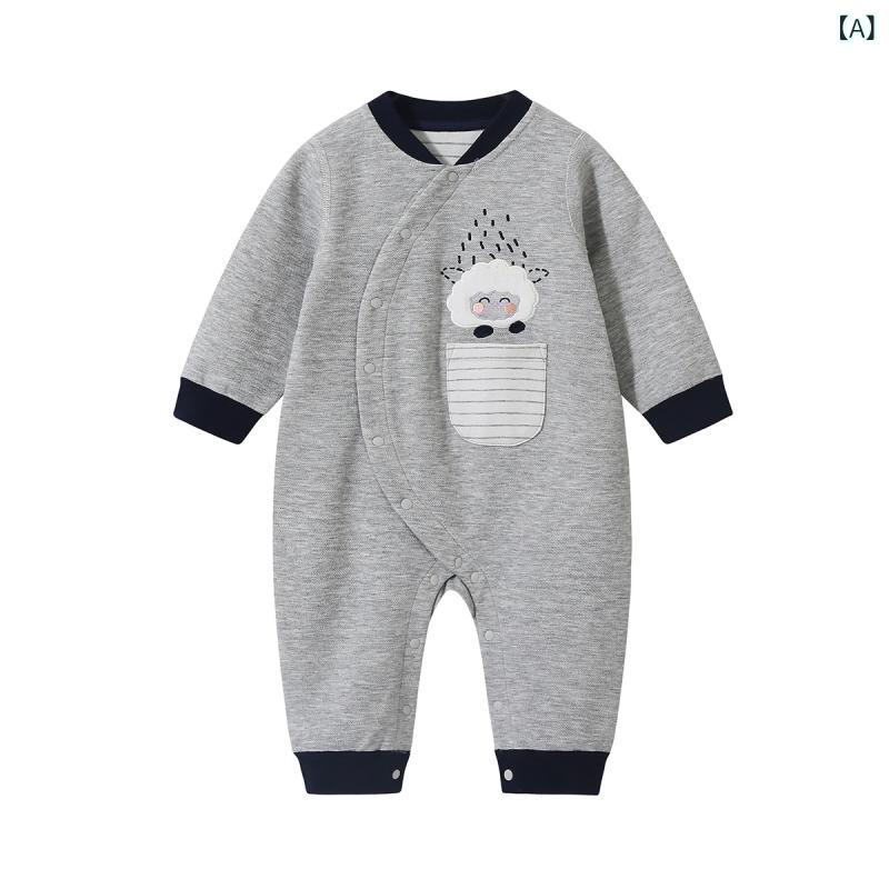 ロンパース ベビー 新生児 男女兼用 秋冬 長袖 スウェット グレー 羊 刺繍 前開き スナップボタン 綿10..