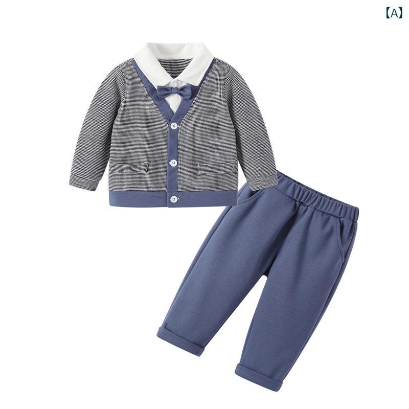 セットアップ 男の子 春秋 蝶ネクタイ フェイクツーピース トップス 長袖 ロングパンツ 紳士 スクール..