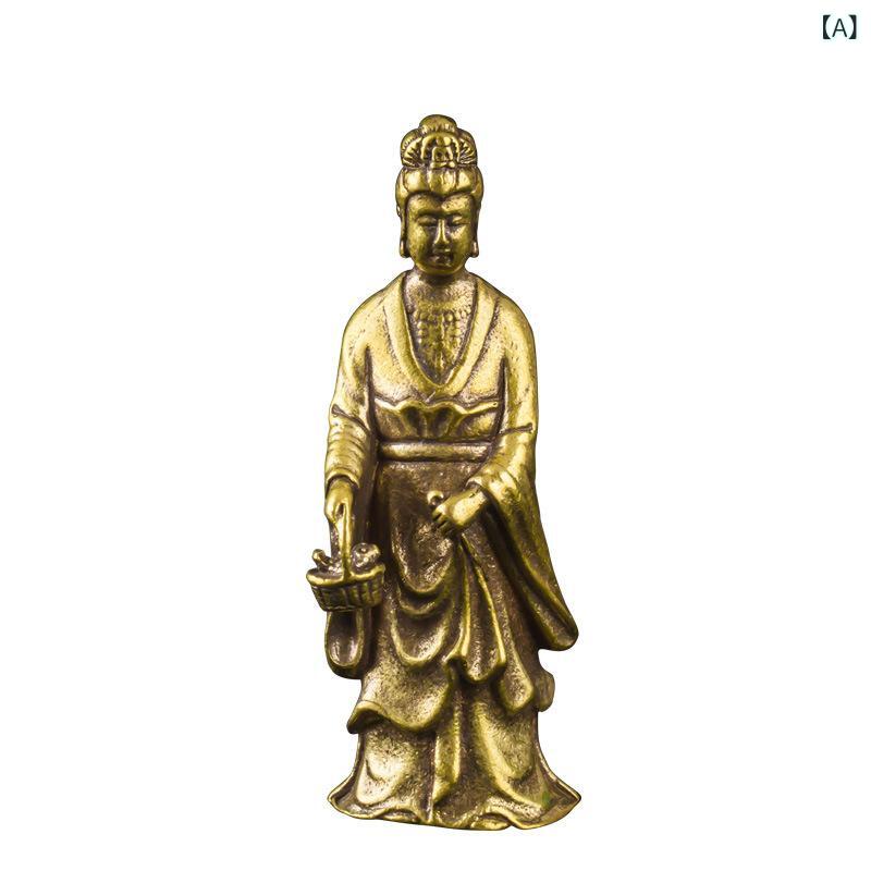 仏像 置物 真鍮製 無垢 観音様 金運上昇 財運招福 厄除け 魔除け お守り 車載 デスク オフィス リビング 書斎 室内 持ち運び 中華風 ロウ型鋳造