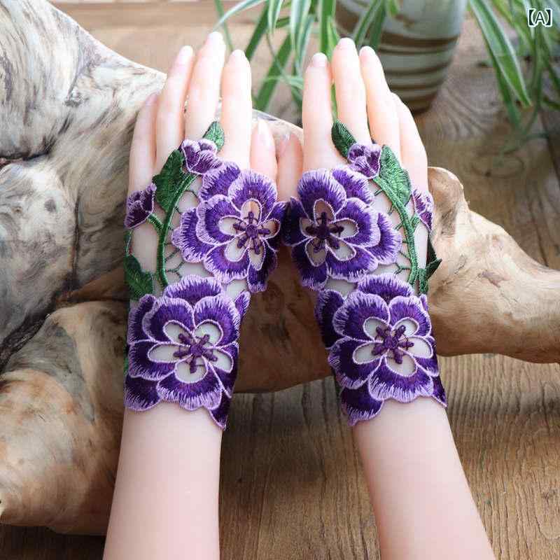 手袋 レディース エスニック 透かし刺繍 指なしグローブ カジュアル リストバンド ブレスレット ダンス小物 花柄 布製 春夏秋