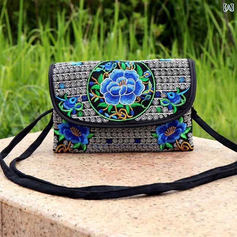 Rakuten - ショルダーバッグ レディース 民族風 エスニック調 ダブルファスナー フラップ 刺繍 キャンバス 手持ち クラッチ ミニ 横型 スクエア 普段使い お出かけ デイリーユース ファスナーポケット