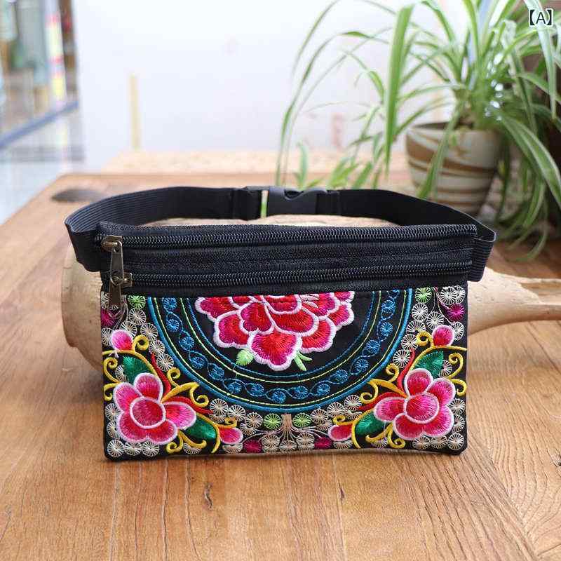 ウエストバッグ シニア向け 雲南民族風 刺しゅう 花柄 レトロ ランニング スポーツ 普段使い 携帯用 スマホポーチ コンパクト 薄型 隠し 帆布製 キャンバス ポリエステル裏地 ファスナー開閉 ソフトタイプ 立体ポケット