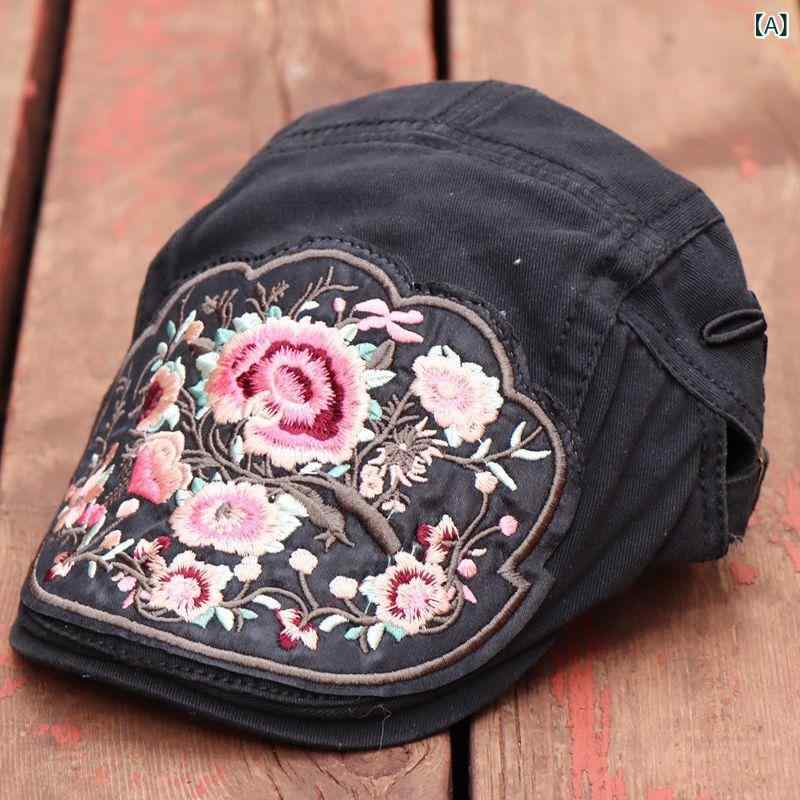 ハンチング帽 エスニック風 刺繡 民族調 レトロ デニム コットン 平天 ショートブリム 防風 旅行 観光 普段使い 通年 黒 カーキ 紺色