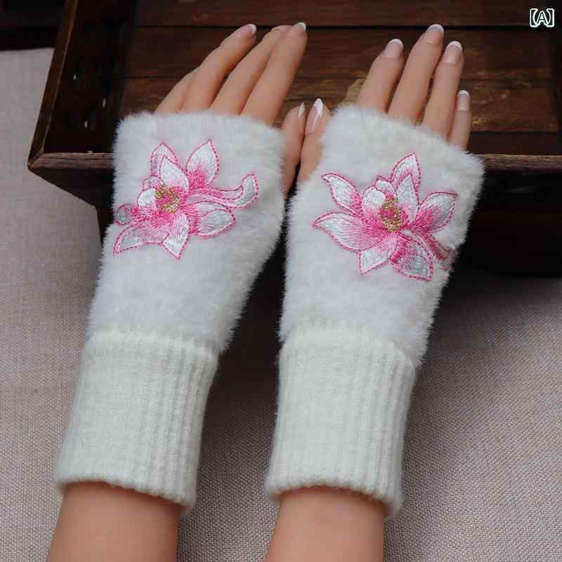 手袋 レディース 民族風 エスニック調 刺繍 防寒 保温 防風 サイクリング 自転車用 暖かい あったか 花柄 コットン 秋冬