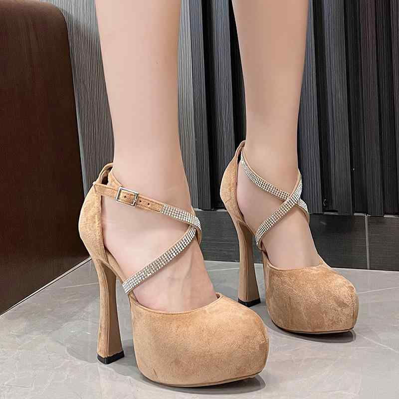 サンダル レディース ラインストーン クロスストラップ バックル チャンキーヒール 13cm 厚底 プラット..