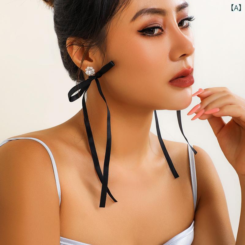 ピアス イヤリング レディース 欧米風 大ぶり 存在感 華やか 個性的 ファブリック タッセル リボン フェイクパール クリスタル 花モチーフ 手作り ハンドメイド ファッション 通勤 普段使い デイリー ブラック ホワイト レッド