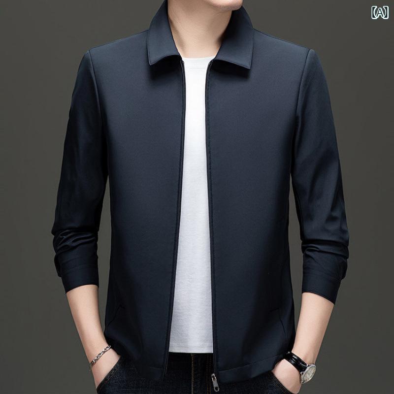 ジャケット メンズ 中高年 40代 50代 男性用 薄手 ブルゾン 春秋 カジュアル ポリエステル スリムフィット 襟付き ブルー系