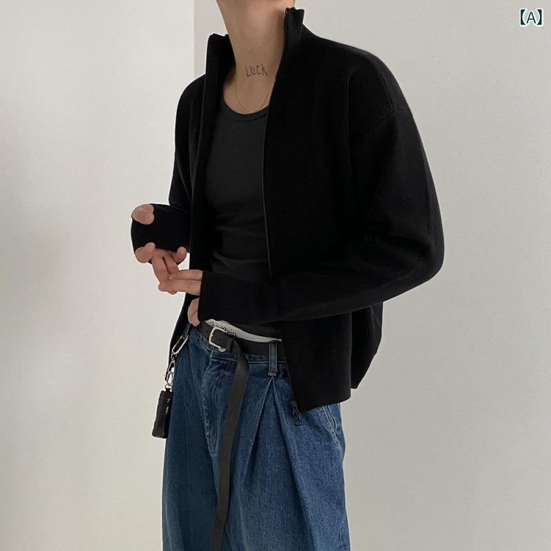 ニットカーディガン メンズ ジップアップ スタンドカラー ゆったり トレンド 韓国ファッション リラックス 秋冬 ビスコース ポリエステル ナイロン...