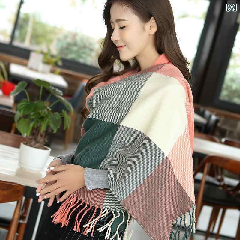 For Women - マフラー レディース ショール ストール カシミヤタッチ 厚手 大判 チェック柄 韓国風 ロング丈 両面 2WAY フリンジ ニット 秋冬 防寒 保温