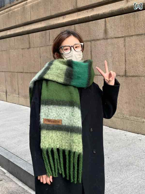 マフラー レディース 女性用 緑 グリーン モヘア ポリエステル 高級感 厚手 ロング 大判 ストール 保温..