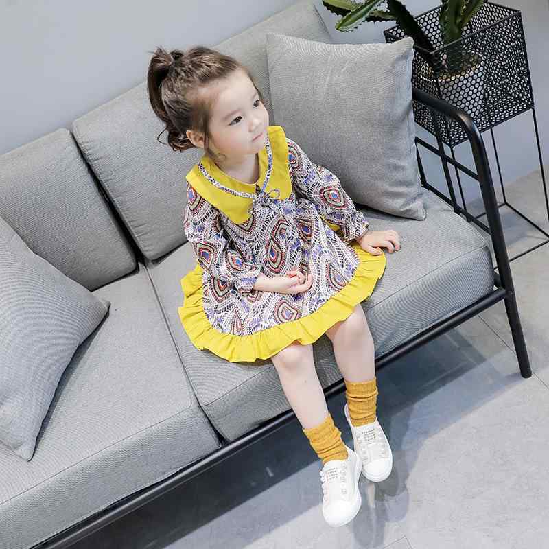 ワンピース キッズ 女の子 子供服 春秋 長袖 フレアスリーブ 襟元リボン キャラクタープリント プリンセスライン ポリエステル パープル ブルー 韓国風 かわいい おしゃれ ドレス