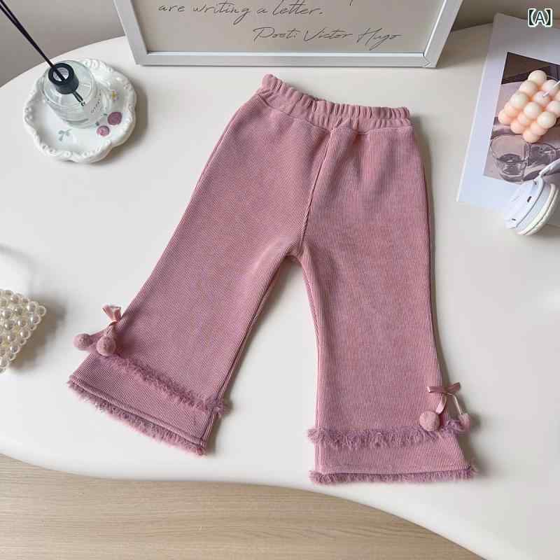 キッズパンツ 女の子 冬 裏起毛 厚手 ボア ストレート ズボン リボン フリンジ かわいい カジュアル 韓..