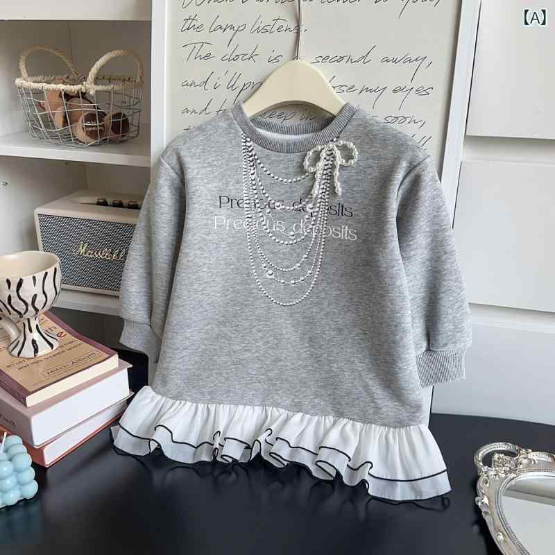 ワンピース キッズ 女の子 プリンセスドレス Aライン フレア 綿 コットン 長袖 春秋 おしゃれ 上品 軽量 薄手 通気性 着心地快適 かわいい グレー 普段使い お出かけ フォーマル 発表会
