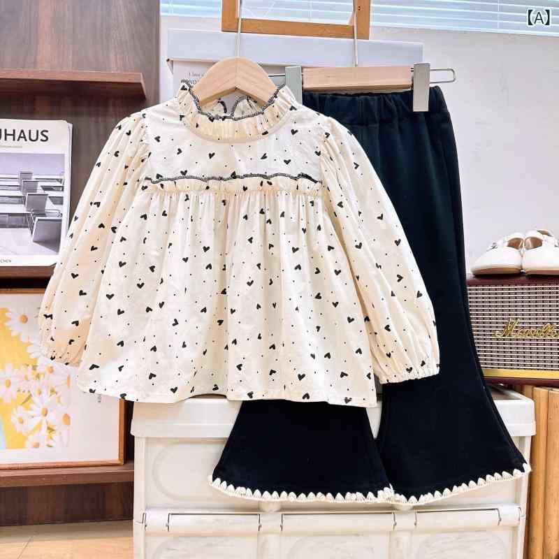 Rakuten - 子供服 女の子 キッズ 春秋 セットアップ 上下セット 2点セット かわいい ハート柄 チュニック ブラウス プルオーバー 長袖 フレア ボトムス 綿 オフホワイト 韓国風 お出かけ 普段使い