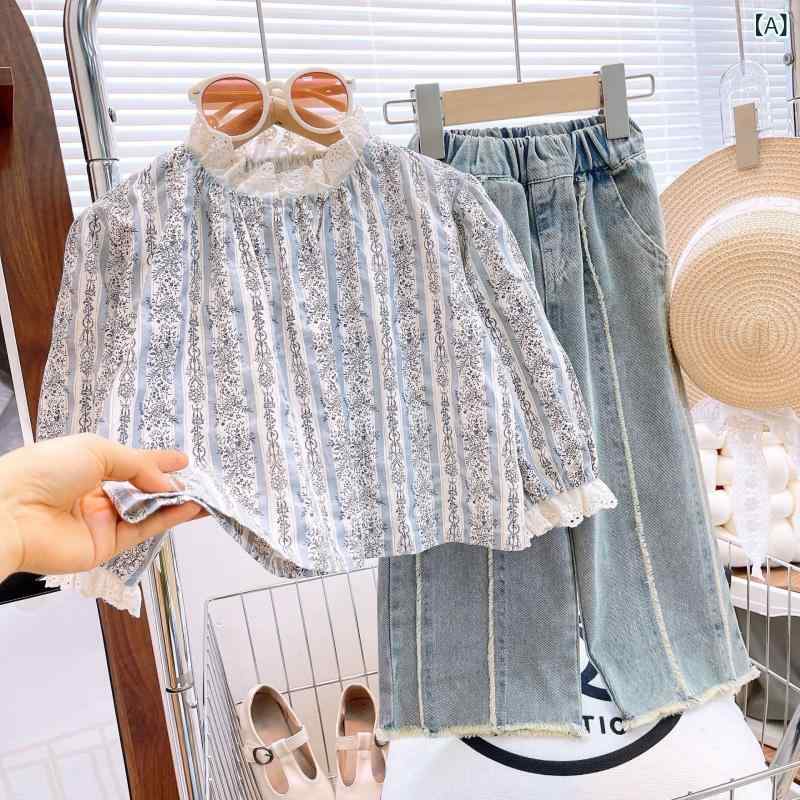 セットアップ 女の子 秋冬 かわいい おしゃれ 小花柄トップス 長袖 デニムワイドパンツ 長ズボン カジ..