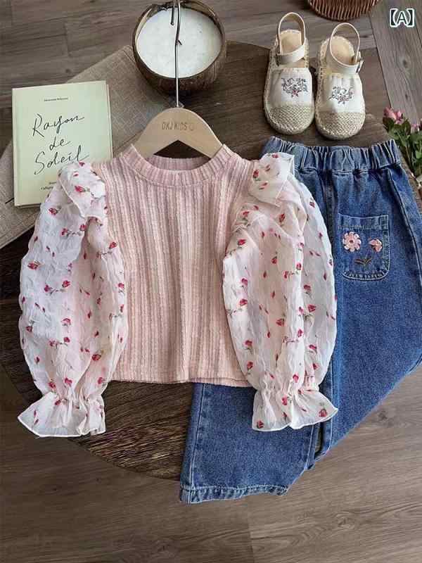 セットアップ 女の子 春秋 かわいい 小花柄 パフスリーブ トップス 花モチーフ デニムパンツ ピンク ポリエステル 混紡 韓国風 おしゃれ カジュアル
