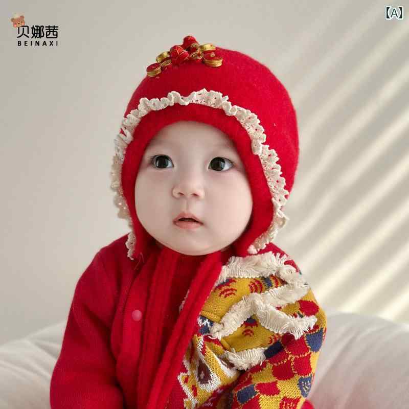 ニット帽 ベビー 新生児 赤ちゃん 低月齢 1歳 誕生日 秋冬 お正月 お祝い 年末年始 赤 レッド アクリル..