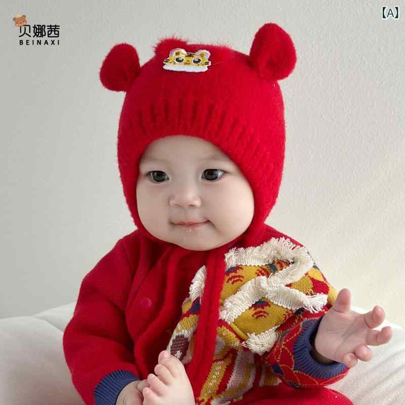 ベビー帽子 赤ちゃん ニット帽 秋冬 赤色 トラ柄 お正月 新年 お祝い 記念日 バースデー 防寒 保温 防..