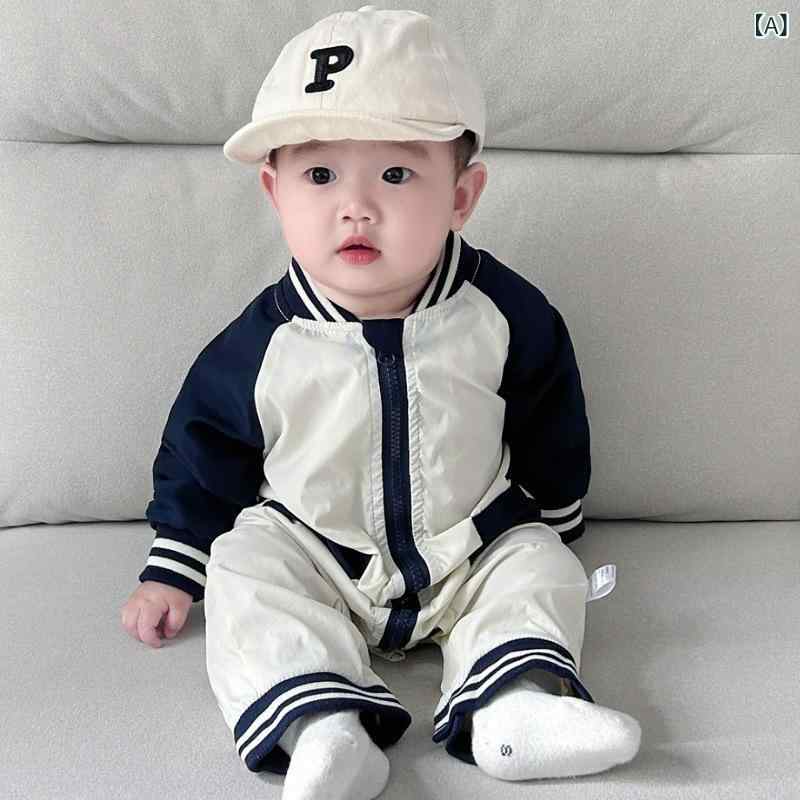 ロンパース ベビー 新生児 赤ちゃん 韓国風 シンプル バイカラー 切り替え ベースボールスタイル 長袖 ジップアップ カバーオール 春秋物 お出かけ 普段使い