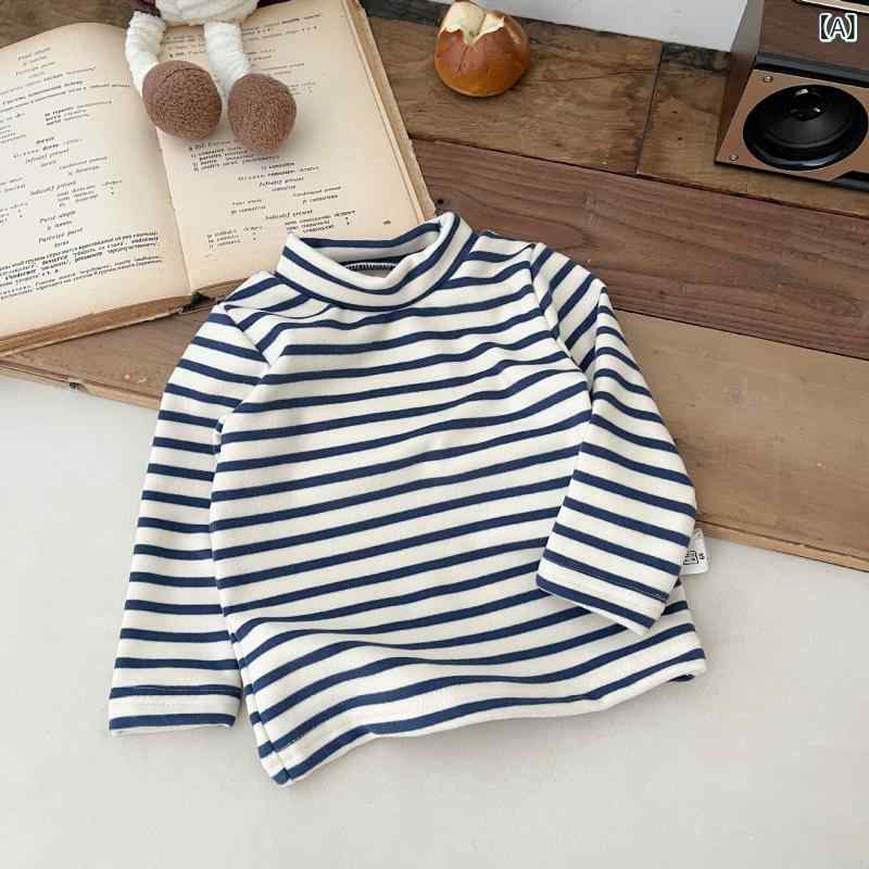 トップス キッズ ベビー 男の子 女の子 男女兼用 冬 半ハイネック 裏起毛 ストライプ柄 長袖 インナー ..