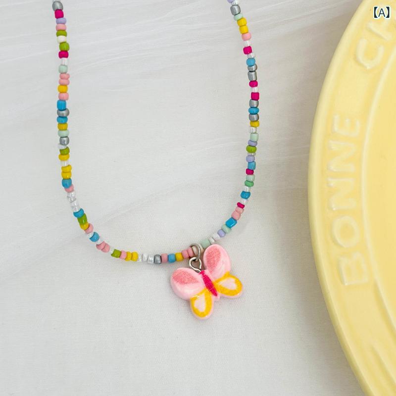 ネックレス キッズ 女の子 カラフル ポップ ドーパミンカラー ビーズ 蝶々 バタフライ ハートチャーム ..