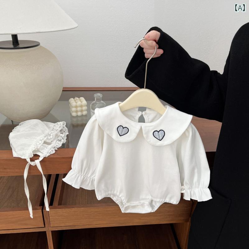 乐天商城 - ワンピース 女の子 ベビー 春秋 2点セット セットアップ かわいい おしゃれ 韓国風 ハート刺繍 ドールカラー 襟付き 長袖 綿 コットン 柔らか素材 お出かけ着 ロンパース カバーオール