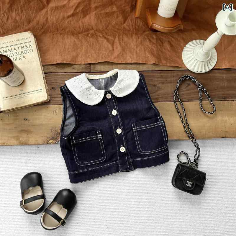 キッズ ベスト 女の子 ベビー 乳幼児 デニム ジレ 韓国子供服 春秋 アウター 羽織り コットン 綿 柔らか素材 無地 ドールカラー 丸襟 前開き 前ボタン カジュアル 可愛い おしゃれ 着回し 普段使い