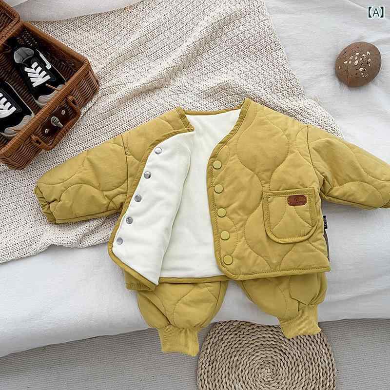 セットアップ ベビー 男の子 子供 冬 韓国風 おしゃれ かわいい 裏起毛 厚手 中綿ジャケット アウター パンツ 2点セット 防寒 綿100％ 長袖 無地 普段使い お出かけ 通園