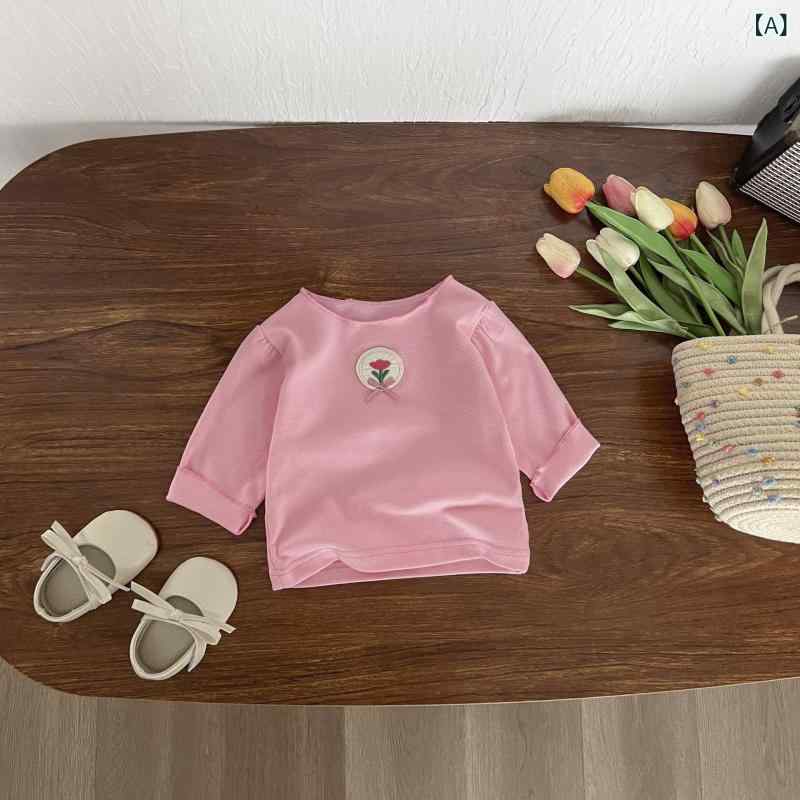 Tシャツ ベビー 女の子 韓国風 長袖 フリル襟 インナー トップス 綿 吸湿速乾 春秋 花柄 かわいい 着回し 柔らかい肌触り 新生児 幼児 ラウンドネック ピンク ベージュ おしゃれ