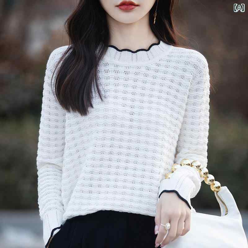 ニットトップス レディース 春秋 レース ラウンドネック プルオーバー 透かし編み 綿 長袖 白 オフホワ..