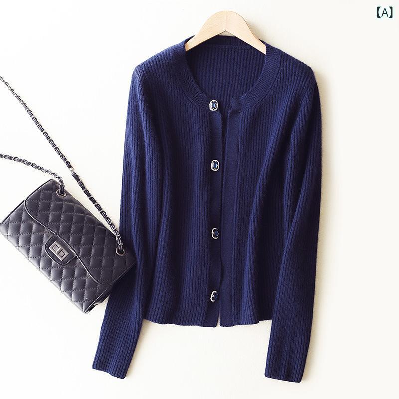 Long-Sleeved Knit - ニットカーディガン レディース 秋冬 カシミヤ ラウンドネック ショート丈 長袖 ゆったり 無地 ミドルゲージ 羽織り 通勤 オフィス カジュアル ネイビー