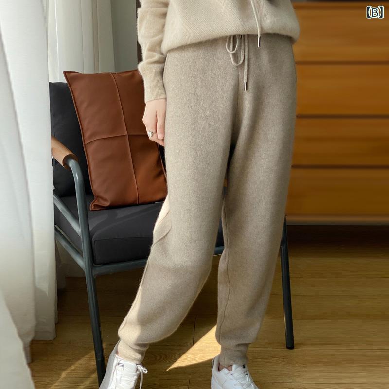 パンツ レディース 秋冬 ニット カジュアル テーパード キャロット ウエストゴム ドローストリング ゆったり リラックス 伸縮性 アクリル ポリエステル混 ロング丈