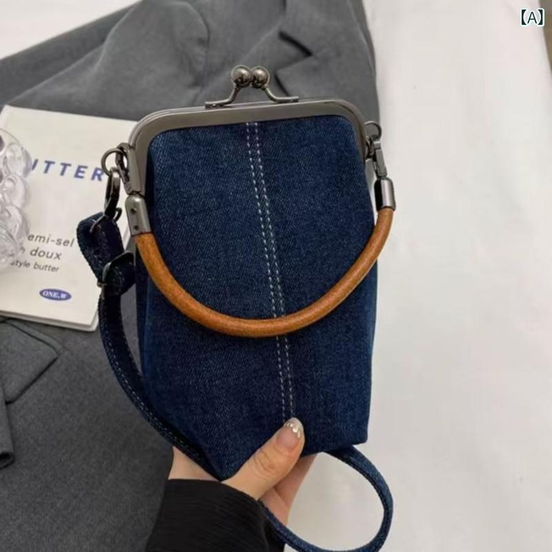 Rakuten - バッグ レディース がま口 デニム スマホショルダー クロスボディ ハンドバッグ コットン ハンドメイド 縦型 スクエア型 口金開閉 濃紺 ライトブルー カジュアル 普段使い 通勤