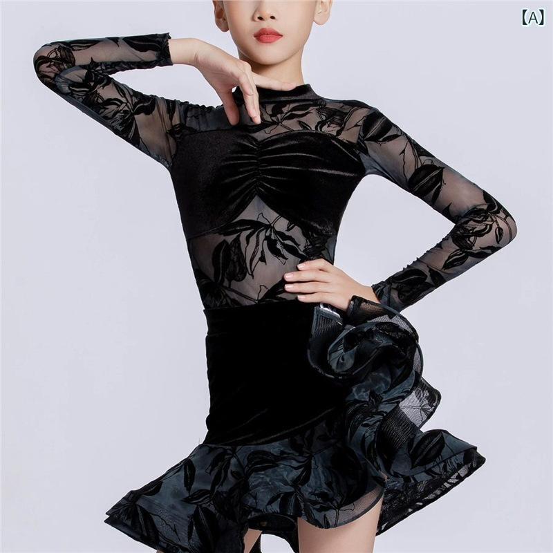 ラテンダンス 衣装 キッズ 女の子 セットアップ 高級感 プロ仕様 競技用 練習着 発表会 ステージ衣装 秋冬 ポリエステル TR素材 ブラック ブルー