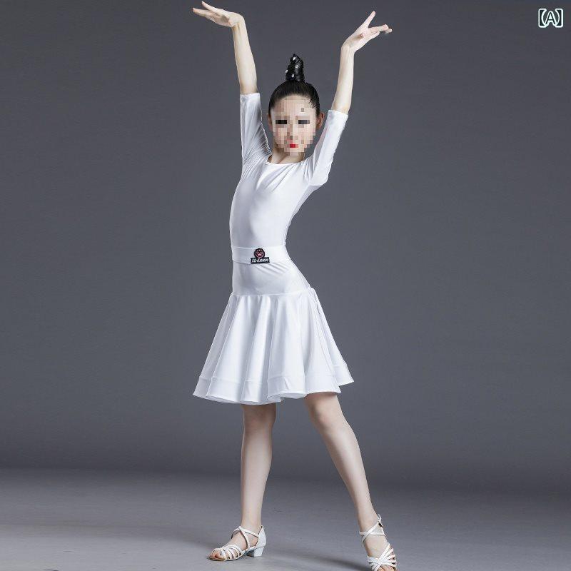 ダンスウェア 女の子 ラテン 競技 発表会 練習 検定試験 規定服 スタンダード プロフェッショナル ジュニア向け 子供 キッズ 長袖 半袖 ワンピース フレア Aライン 伸縮性 軽量