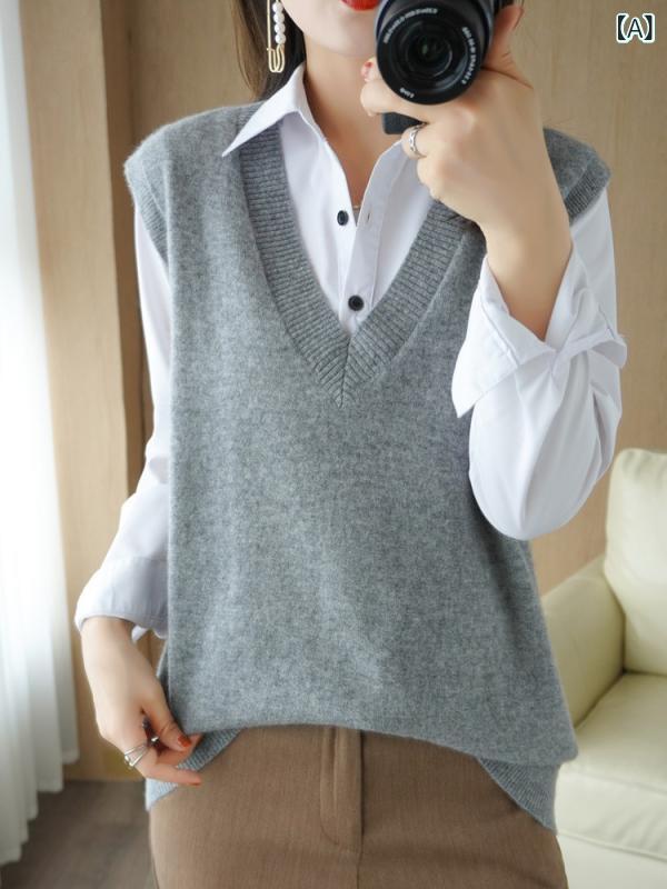 ベスト レディース ウール Vネック ノースリーブ ニット プルオーバー 薄手 シンプル きれいめ 羽織り 重ね着 エレガント 通勤 オフィス カジュアル 秋冬 無地 グレー ブラック キャメル(4.0)