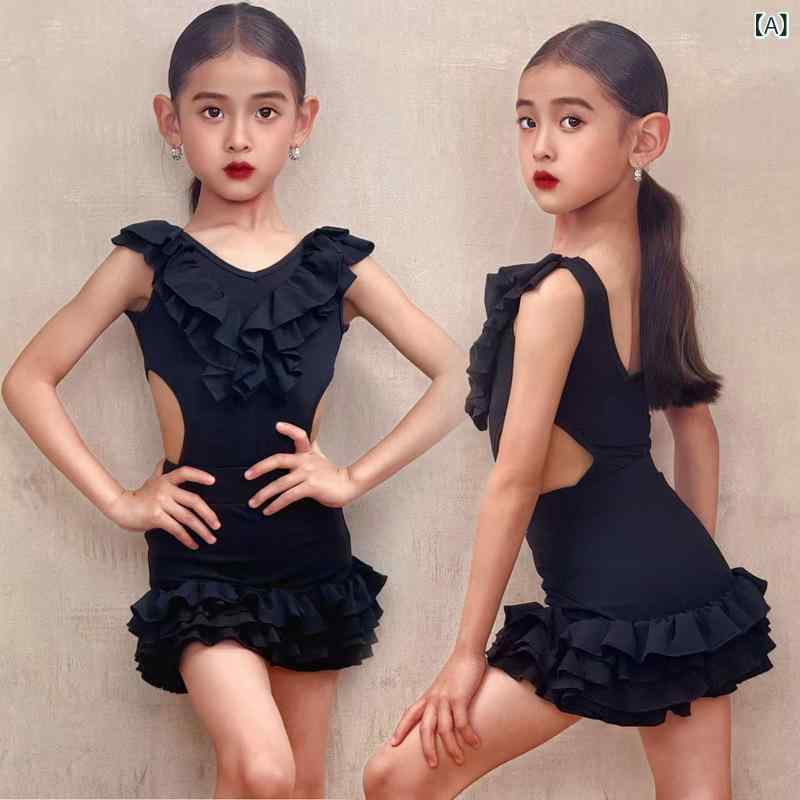 ラテンダンスウェア 女の子 ガールズ 子供用 ジュニア ブラック フリル 高級感 おしゃれ セパレート セットアップ ナイロン素材 レッス..