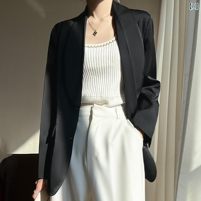 ジャケット レディース 春夏 高級感 なめらかサテン 再生繊維 カジュアル 万能 ウエストシェイプ Vネック 1つボタン 長袖 テーラード シワになりにくい オフィス 通勤 トップス アウター