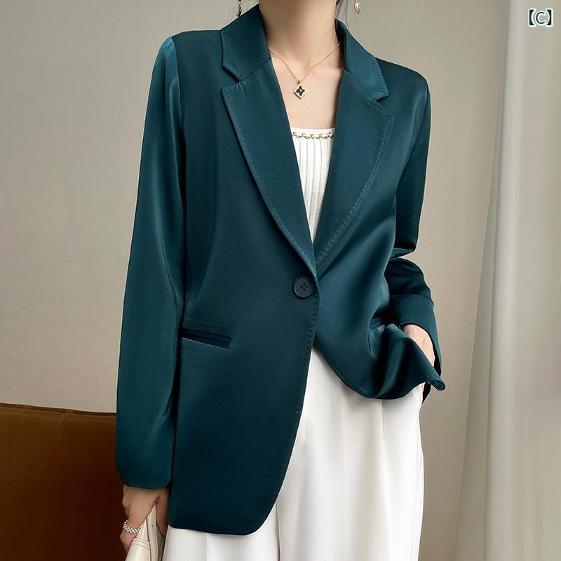 テーラードジャケット レディース 春夏 サテン調 艶感 ミドル丈 デザイン テーラードカラー シングルボタン ゆったり ルーズフィット 通勤 オフィス きれいめ カジュアル アウター 羽織り
