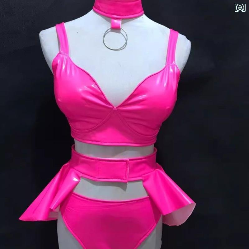 ダンス衣装 レディース セクシー 蛍光 エナメル 光沢 伸縮性 ツーピース クラブ バー 歌手 ゴーゴーダ..