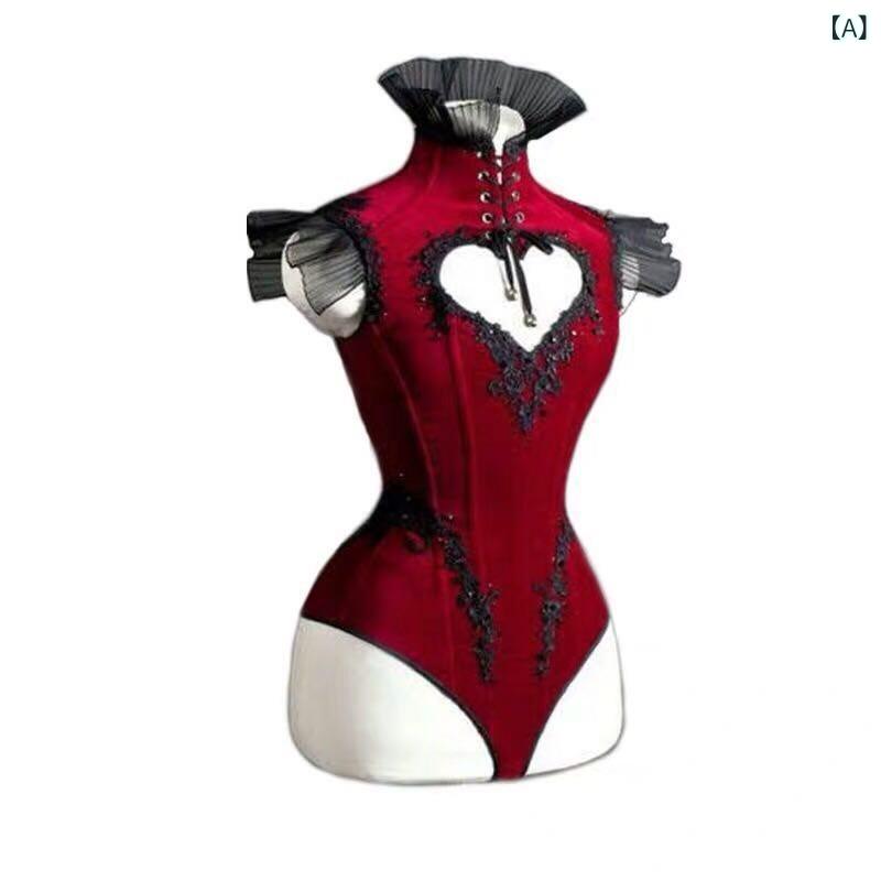 レディース ボディスーツ 赤 ハート くり抜き バックオープン ストラップ GOGO ステージウェア クラブ ..