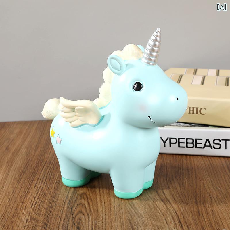 貯金箱 少女 ユニコーン 卓上 取り出し不可 樹脂製 かわいい ドリーミー ファンタジー カートゥーン ブルー ピンク 子供部屋 インテリア 置物 目標貯蓄