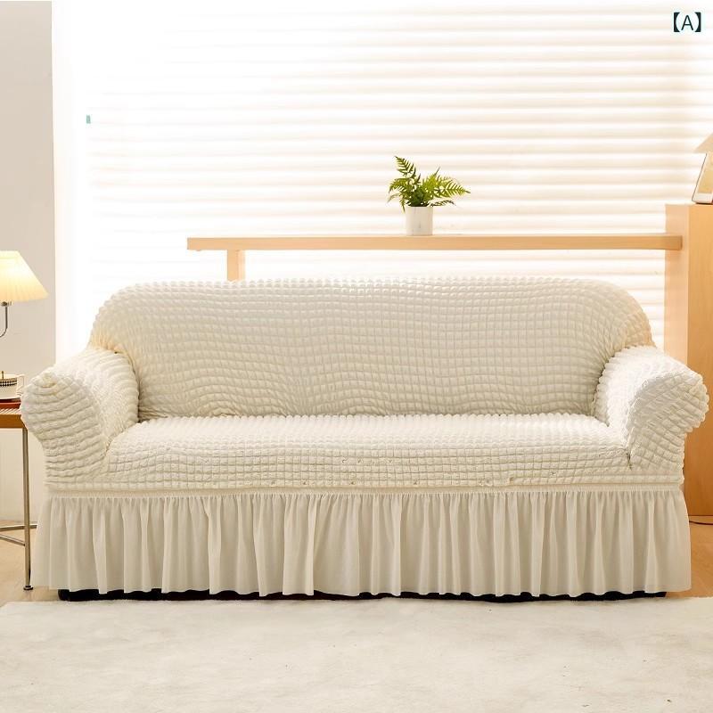 ソファカバー クリーム調 サッカー生地 オールシーズン 伸縮性 ニット素材 一体型 全面保護 汚れ防止 傷防止 2人掛け 3人掛け 4人掛け対応 無地 ストライプ 花柄 淡色系