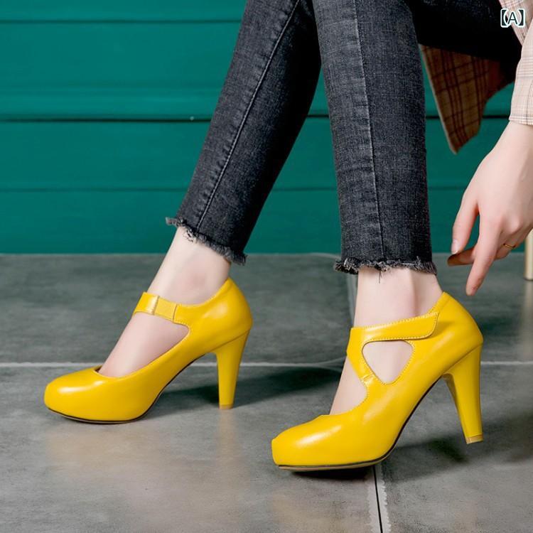 パンプス レディース ハイヒール メリージェーン 大きいサイズ 小さいサイズ ラウンドトゥ チャンキー..