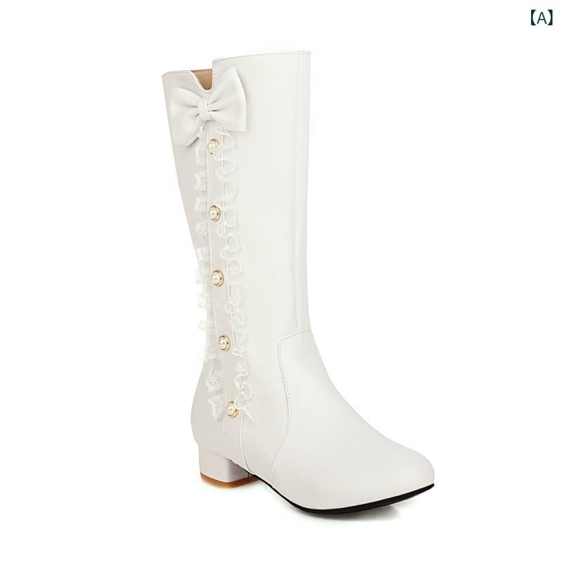 ブーツ レディース 秋冬 ファッションブーツ ミドル丈 いちご リボン スタッズ PUレザー フェミニン 韓国ファッション 学生 通学 通勤 白 黒 ピンク シューズ