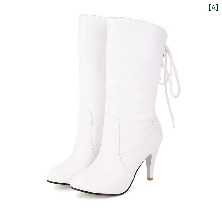 ブーツ レディース 秋冬 ブリティッシュ ライダーブーツ ハイヒール ミドル丈 バックレースアップ ラウンドトゥ コーンヒール 合成皮革 防寒 大きいサイズ