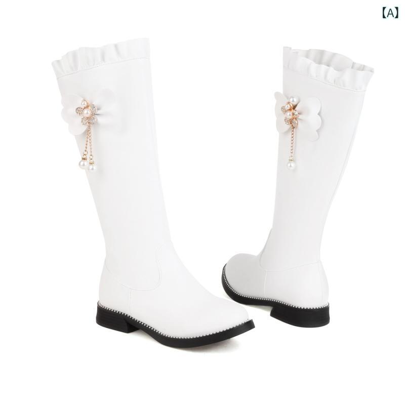 ブーツ 女の子 ジュニア 秋冬 ロリータ風 プリンセススタイル リボン サイドジップ 合皮 ロングブーツ ライダースブーツ カジュアル ラウンドトゥ ローヒール チャンキーヒール