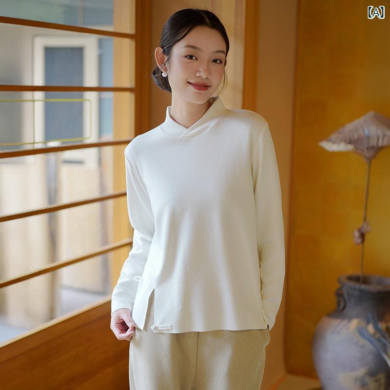 トップス レディース 女性用 秋冬 吸湿発熱 保温 アクリル ハイネック カットソー インナー プルオーバー デザイン エレガント チャイナ風 オリエンタル カジュアル レイヤード