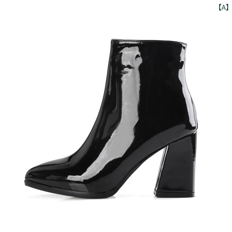 ショートブーツ レディース 欧米風 大きいサイズ 太ヒール ポインテッドトゥ ハイヒール PUレザー 合成..